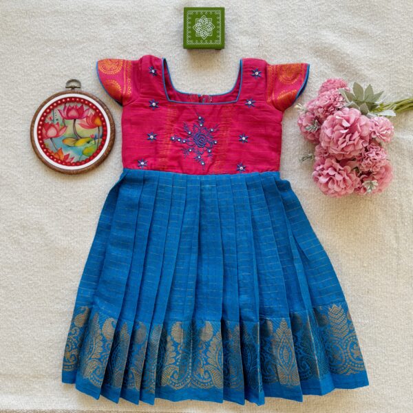 Pink and blue kids festive frock full front view