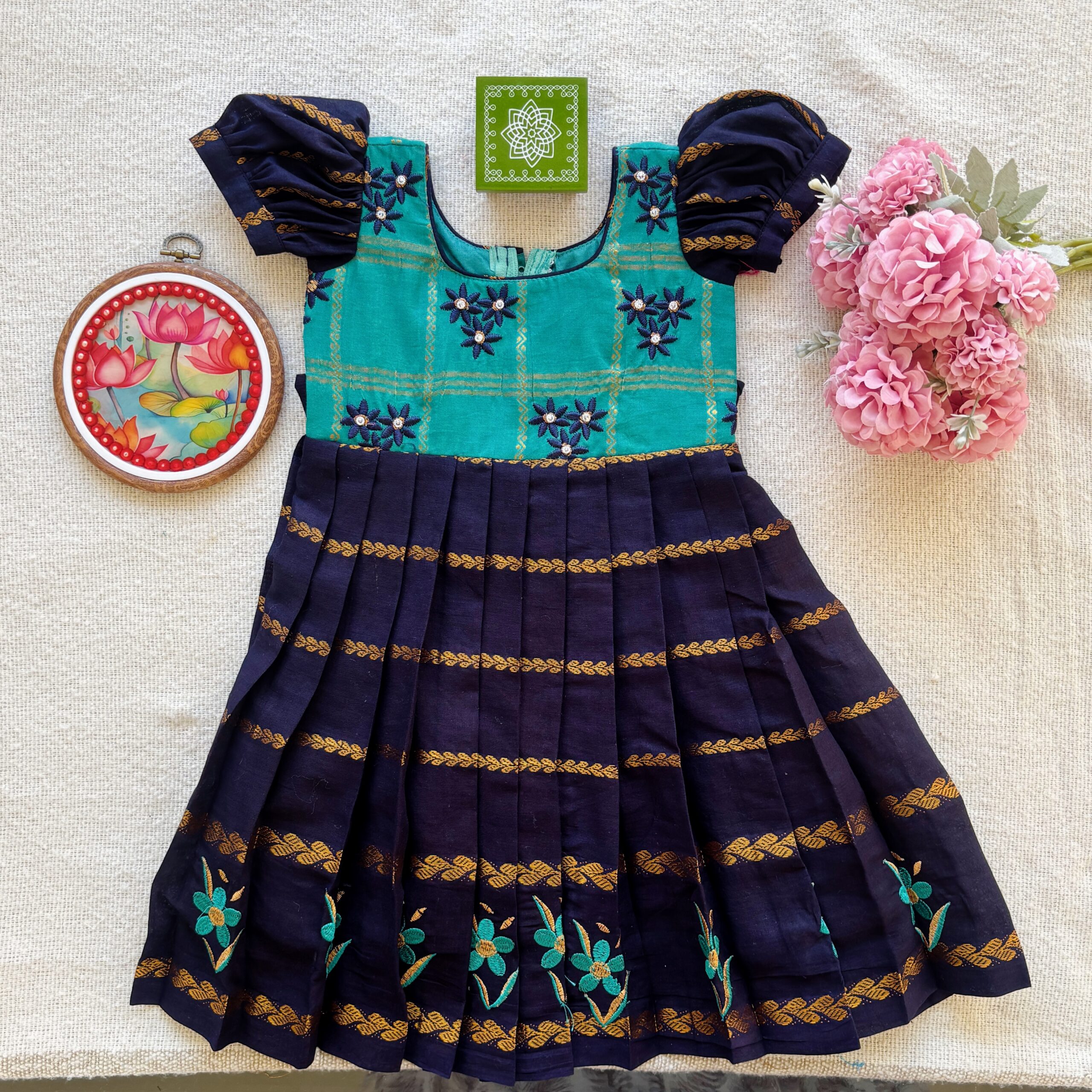 Teal and navy kids festive frock full front view