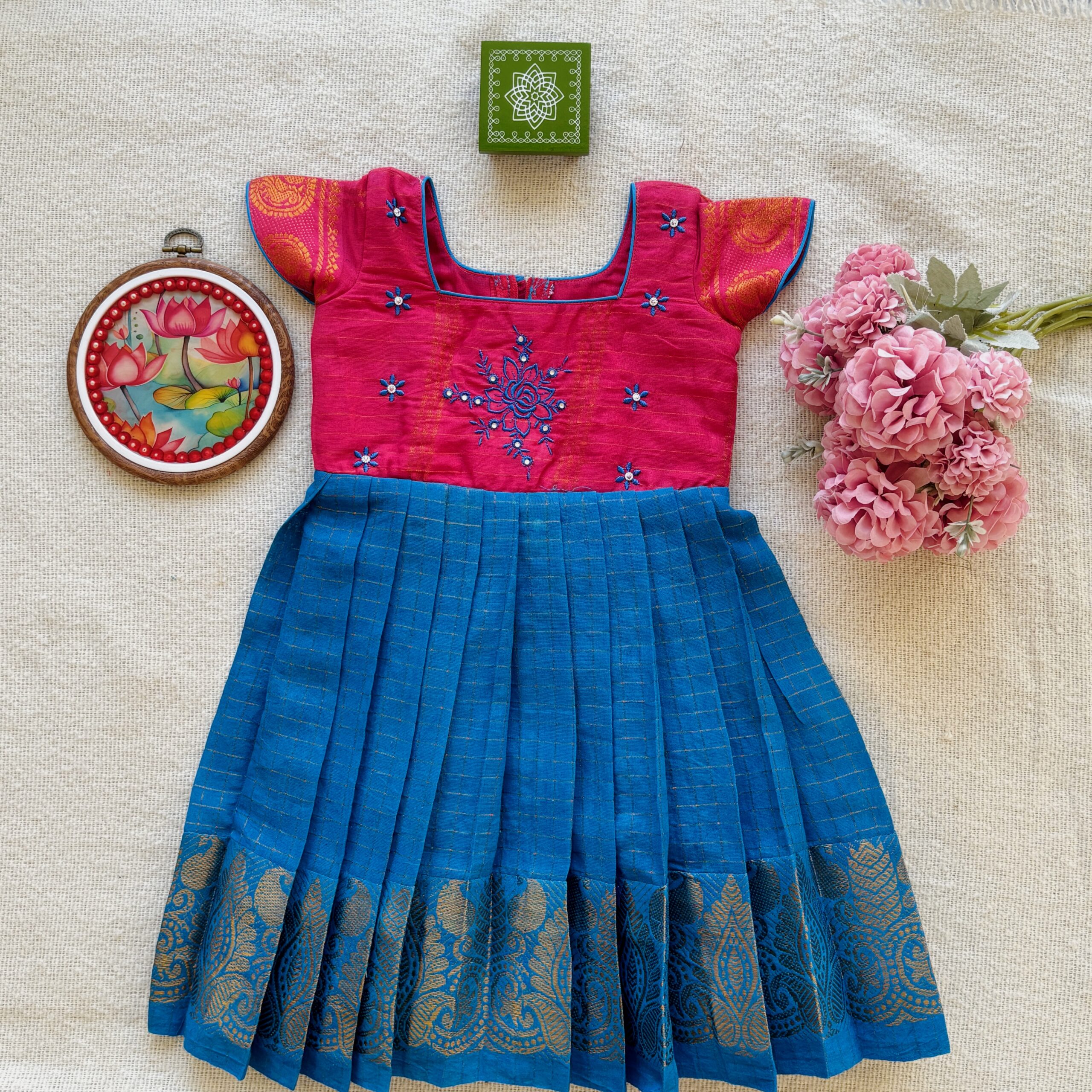 Pink and blue kids festive frock front view
