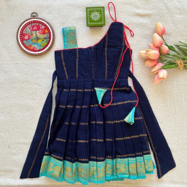 Navy blue one shoulder embroidered kids festive frock full back view