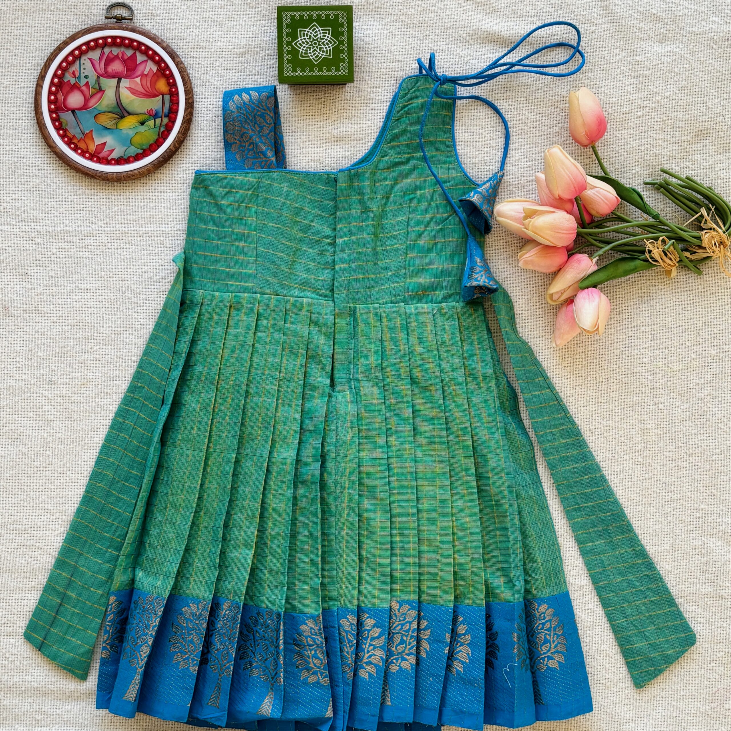 Green one shoulder kids festive frock full back view
