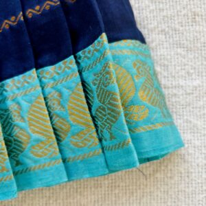Teal zari border detail of navy blue kids frock