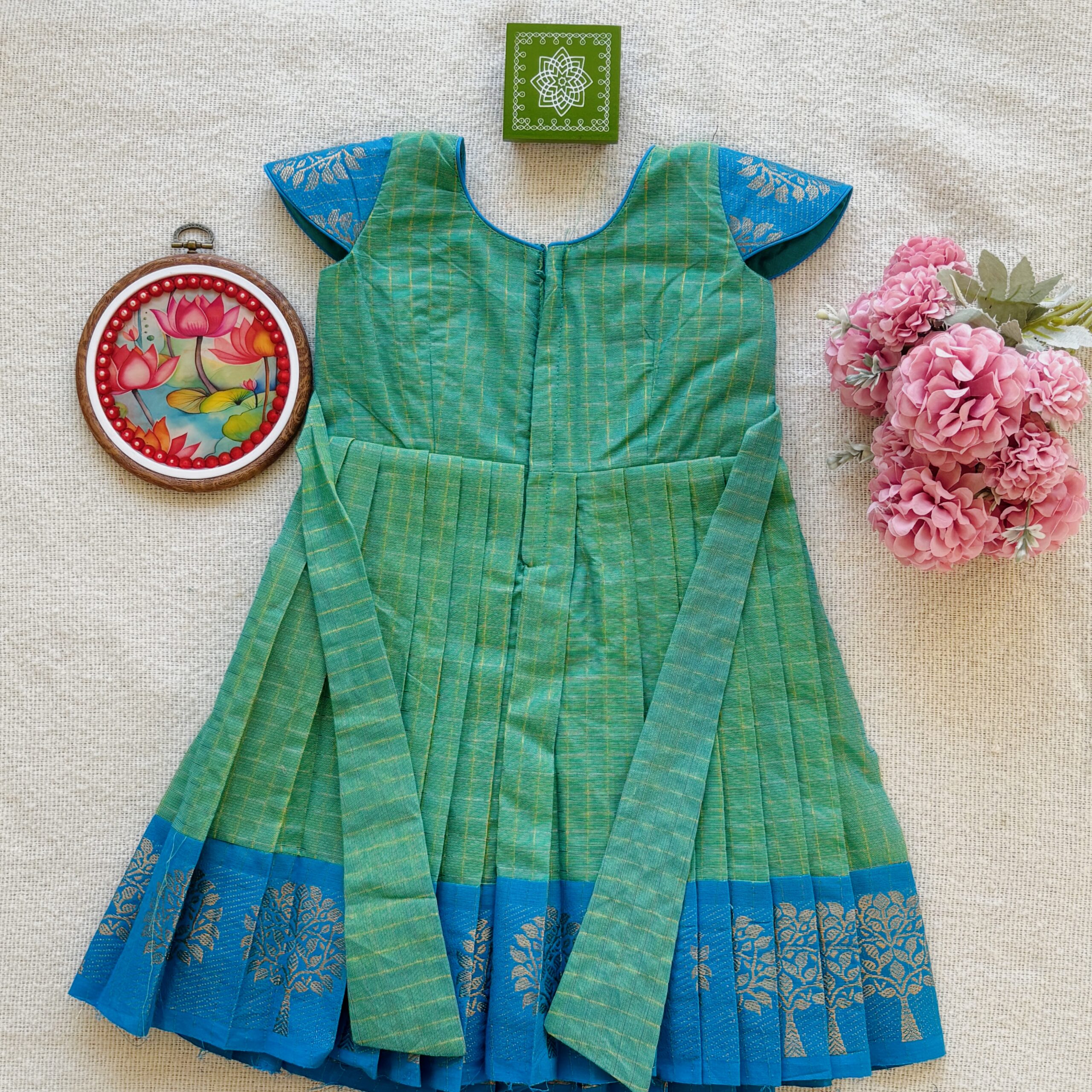 back view of green-blue-kids-festive-frock-2