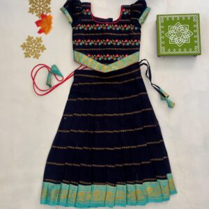 Front view navy blue embroidered ethnic kids frock with floral design