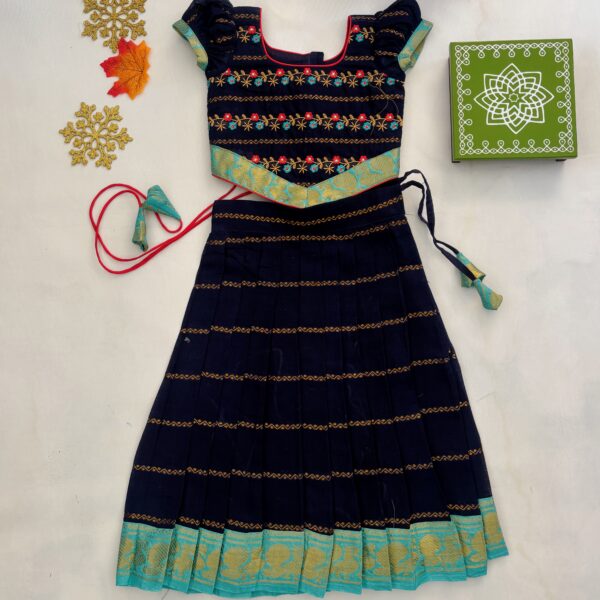 Front view navy blue embroidered ethnic kids frock with floral design