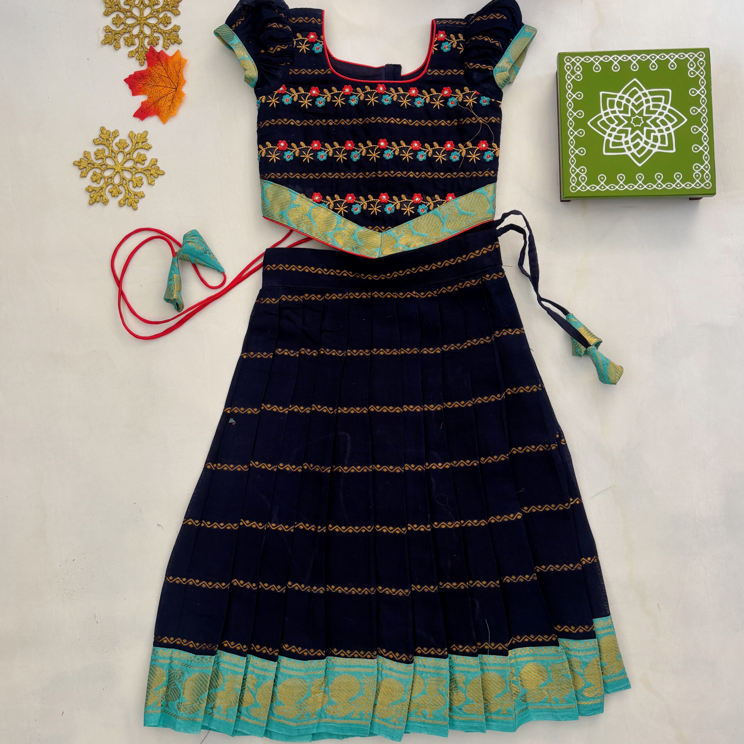 Front view navy blue embroidered ethnic kids frock with floral design