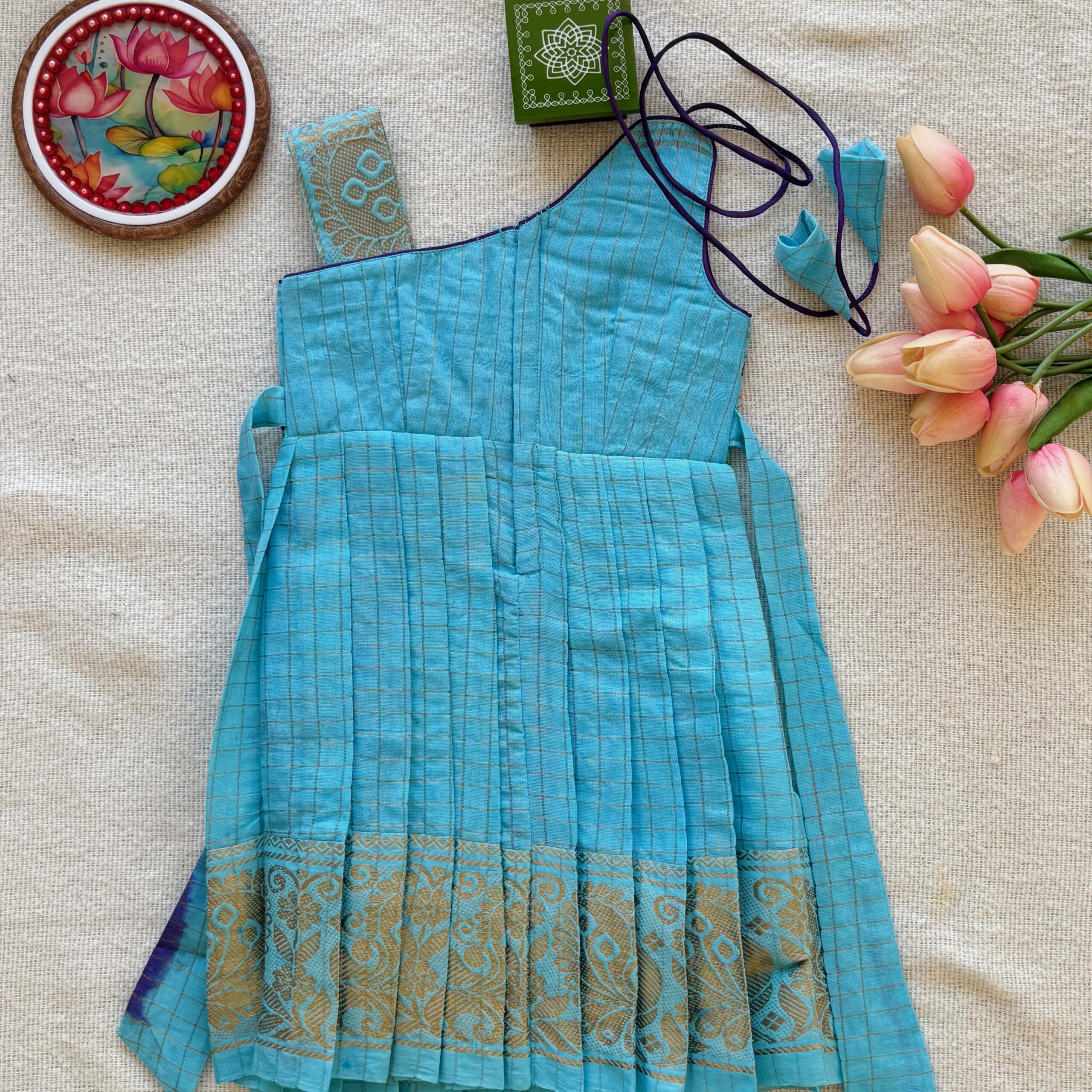 Teal one shoulder kids festive frock full back view