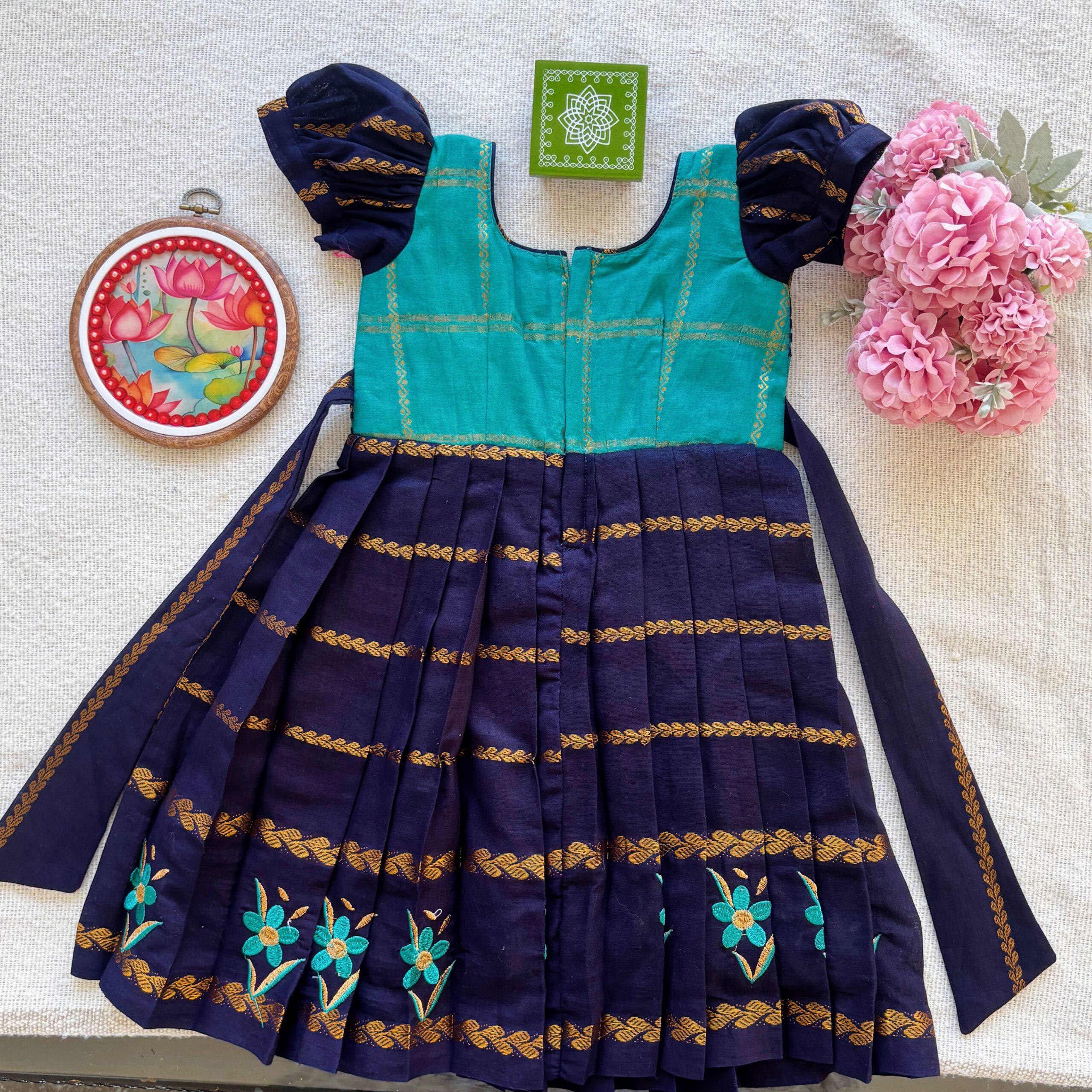 Teal and navy kids festive frock full back view
