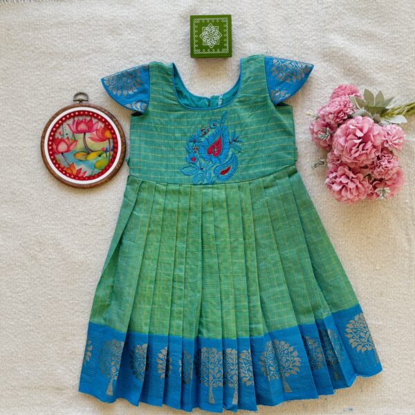 Green and blue embroidered kids festive frock
