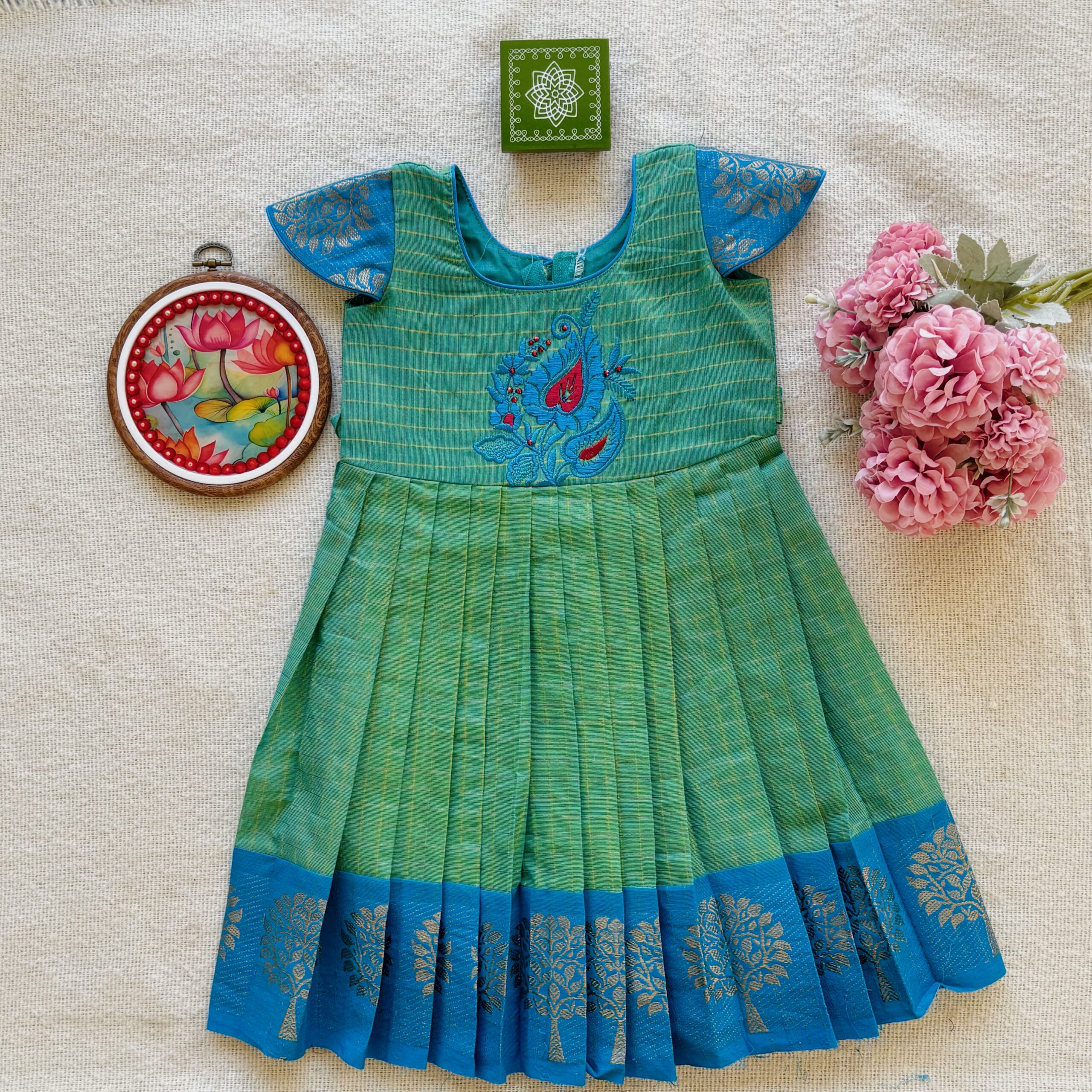 Green and blue embroidered kids festive frock
