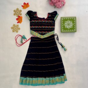 Navy blue embroidered traditional kids frock full view with teal border