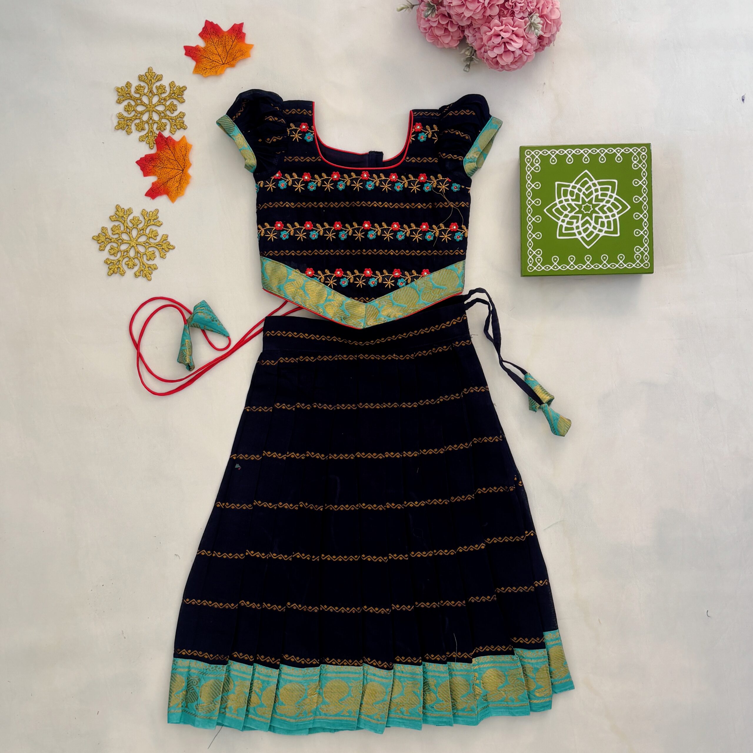 Navy blue embroidered traditional kids frock full view with teal border