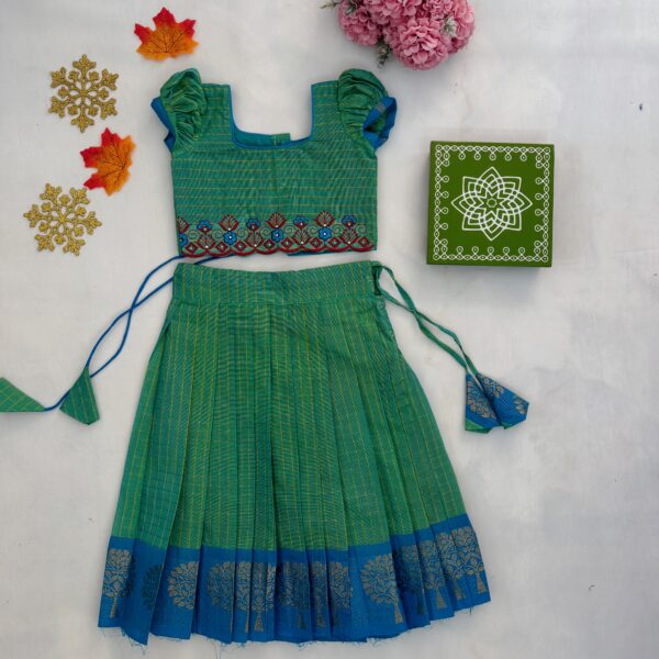 Front view green embroidered kids skirt and crop top set