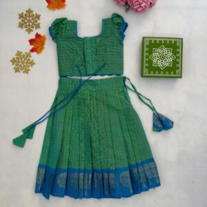 Back view green traditional kids skirt and crop top set