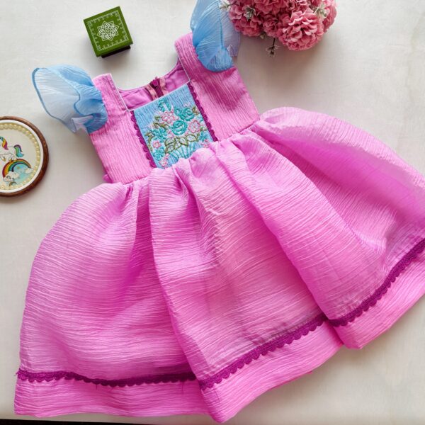Pastel pink crushed organza girls dress with floral embroidery