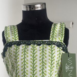 Front view of green cotton girls frock with square neckline