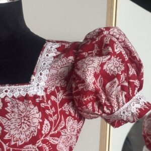 Traditional red cotton girls frock with floral block print