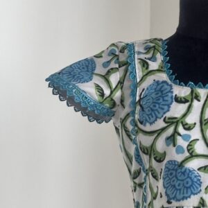 Front view of blue floral cotton frock for girls with gathered skirt