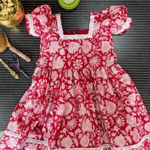 red floral cotton girls frock front view