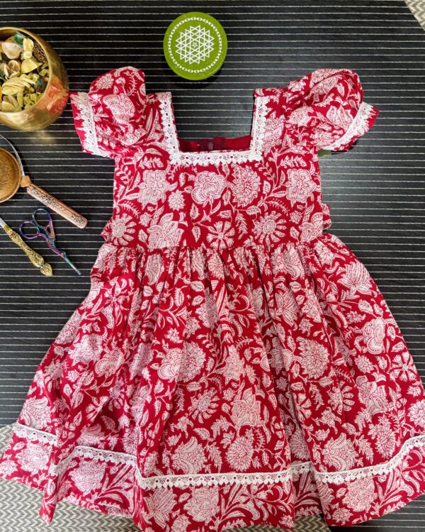 red floral cotton girls frock front view