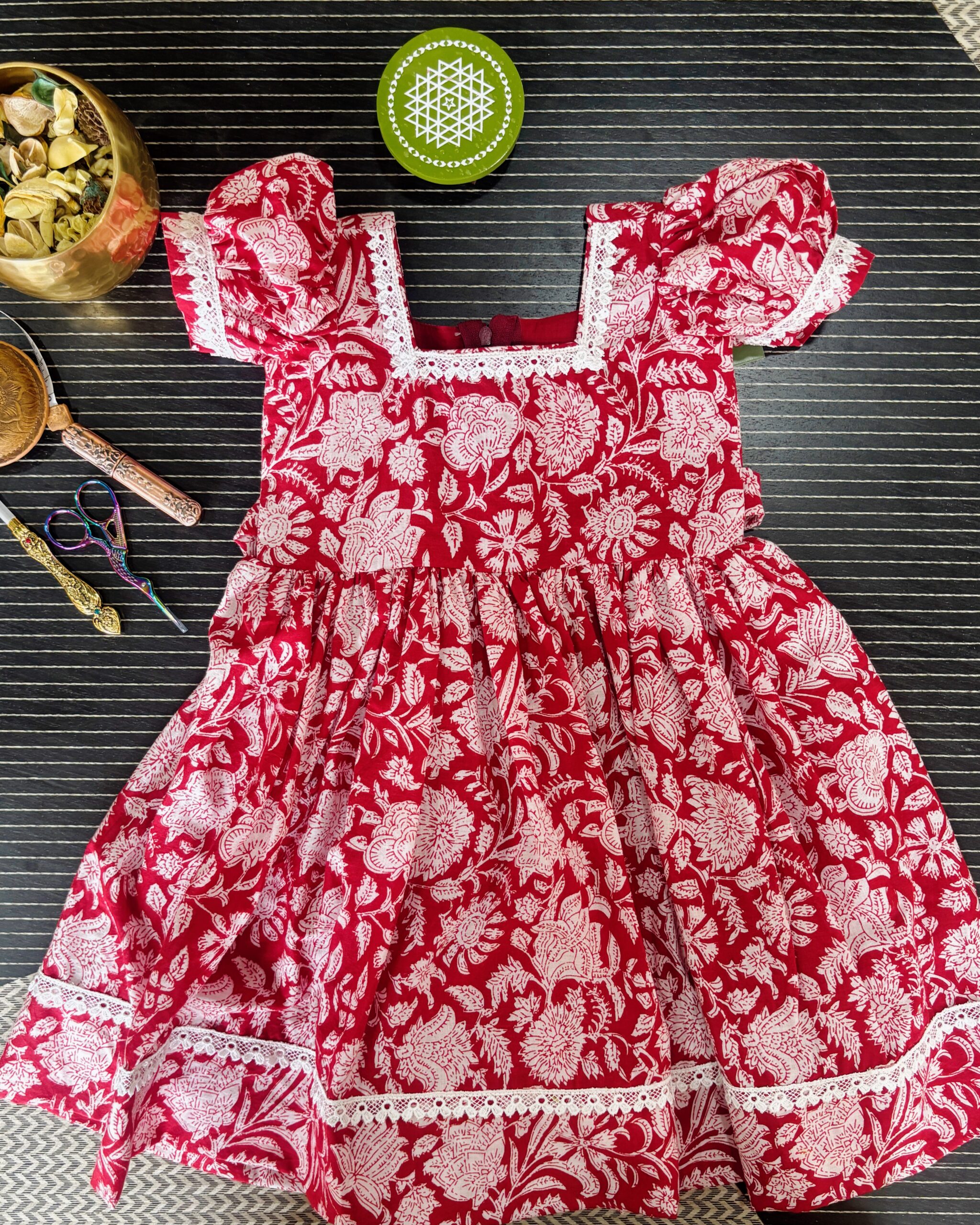 red floral cotton girls frock front view