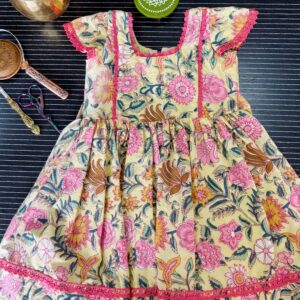 Pink floral cotton girls frock with gathered skirt