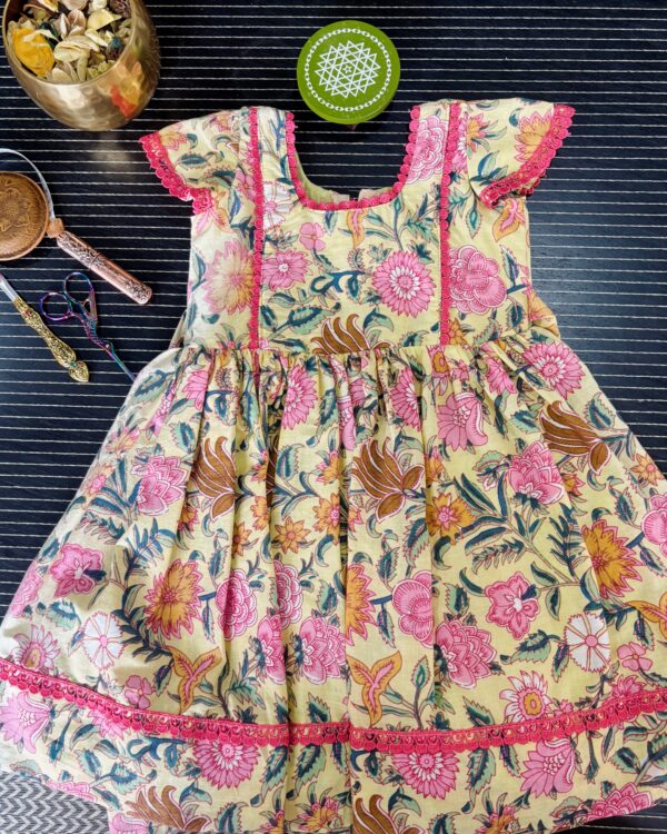 Pink floral cotton girls frock with gathered skirt