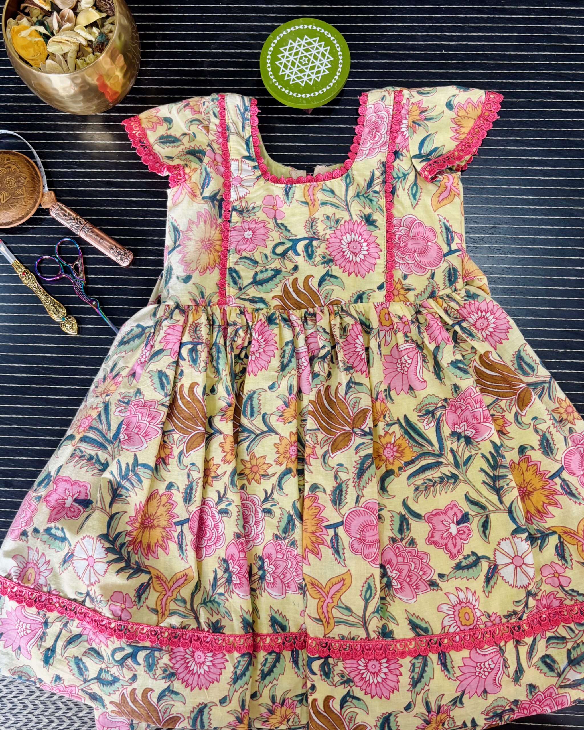 Pink floral cotton girls frock with gathered skirt