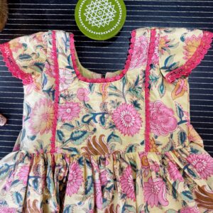 Floral cotton frock for girls with pink lace detailing