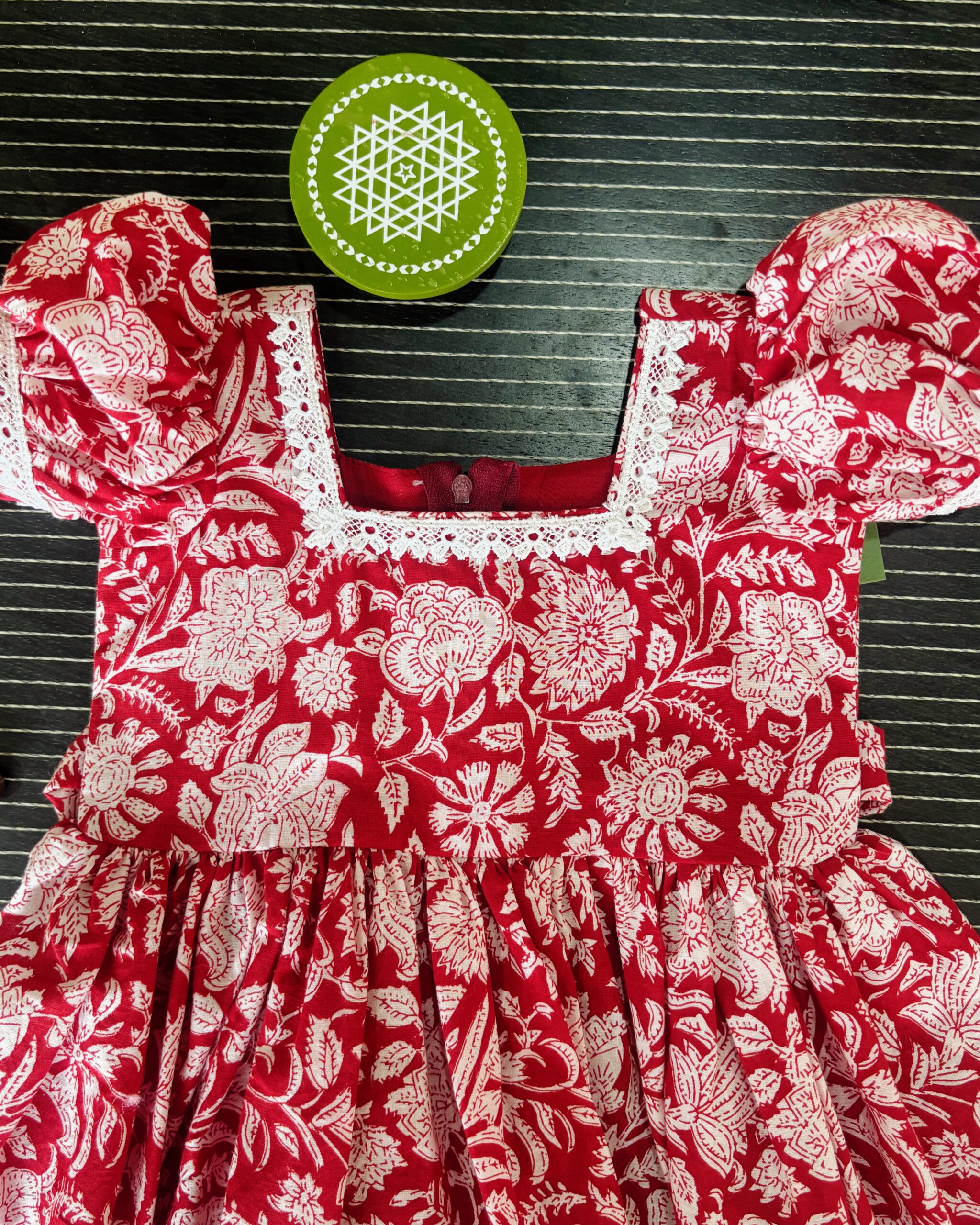 red ethnic floral cotton girls dress