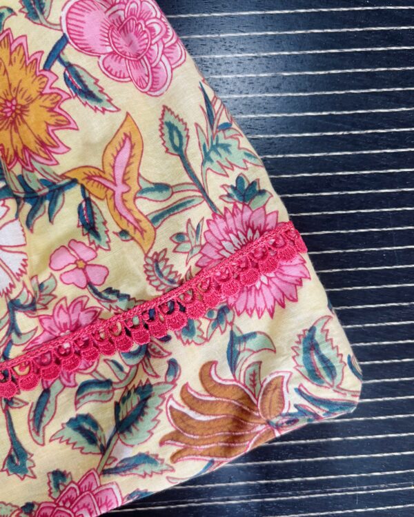 Cream and pink floral cotton frock for girls