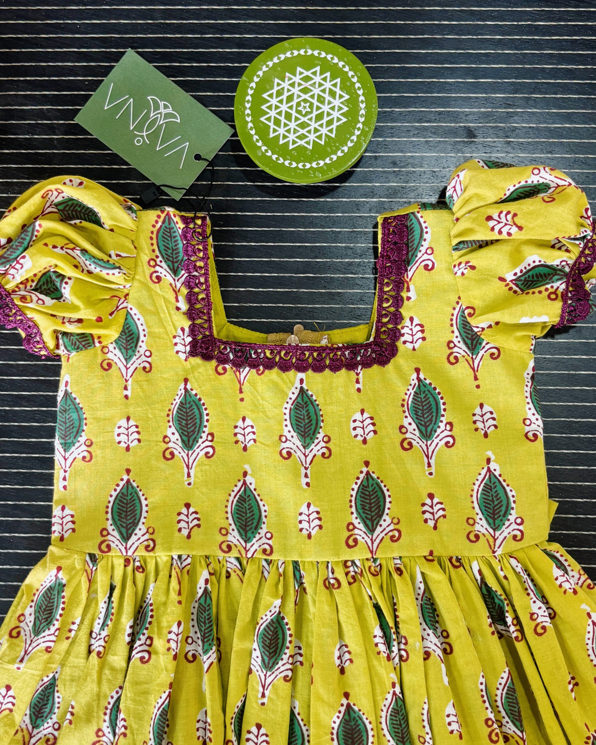 printed yellow cotton kids frock traditional design