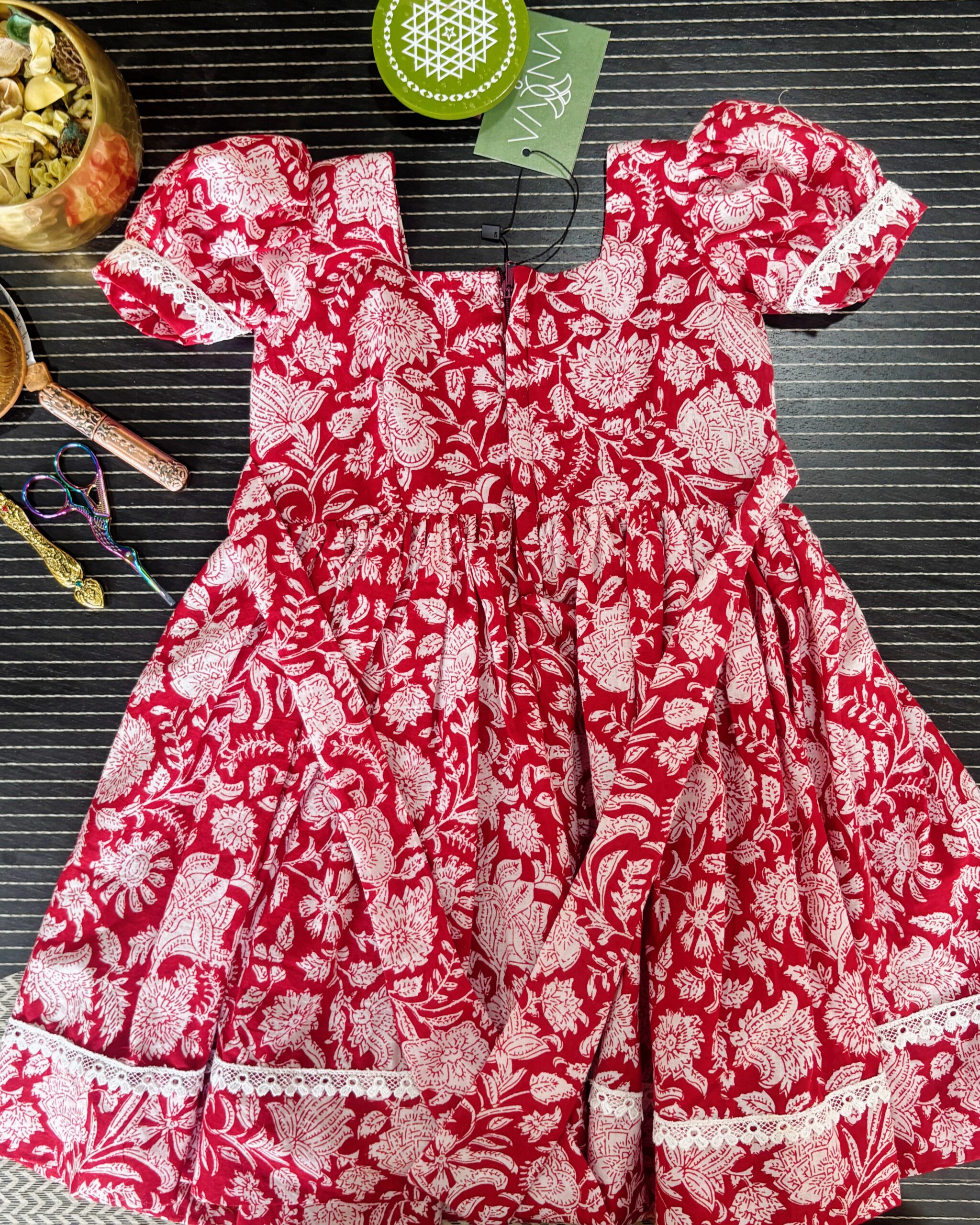 red floral casual cotton girls frock
