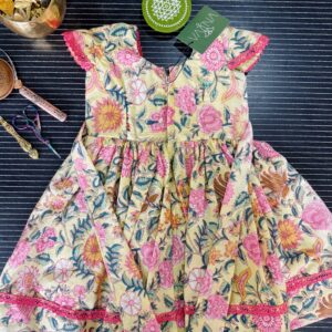 Puff sleeve floral cotton frock with lace borders