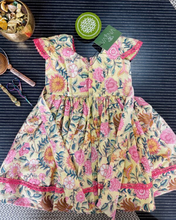 Puff sleeve floral cotton frock with lace borders