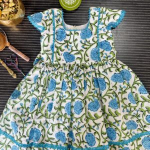 blue floral cotton girls frock front view
