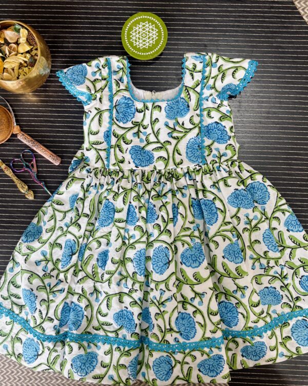 blue floral cotton girls frock front view