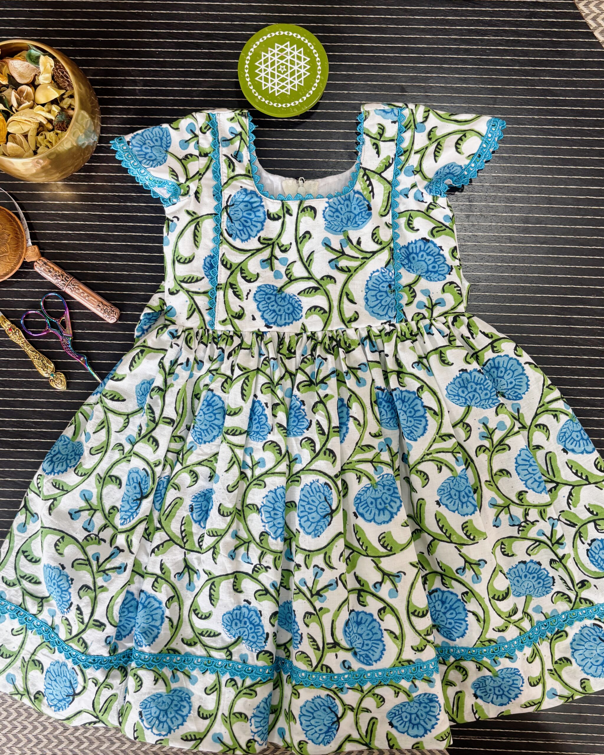 blue floral cotton girls frock front view