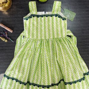 Designer green vine print frock for baby girls