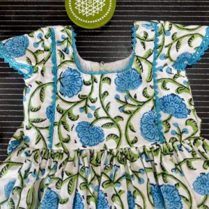 blue gathered cotton frock for girls