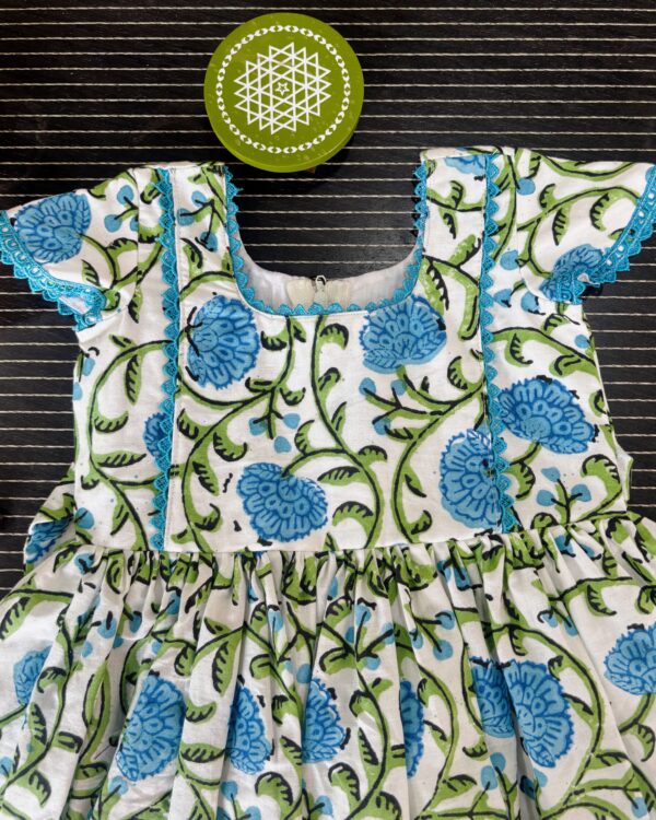 blue gathered cotton frock for girls