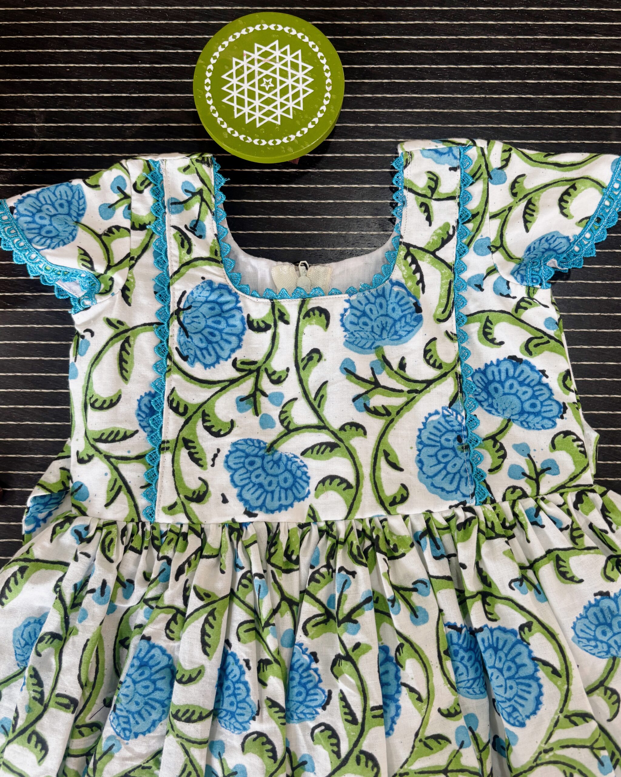 blue gathered cotton frock for girls