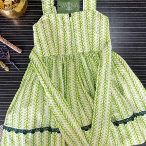 Green vine print cotton frock for girls with layered skirt