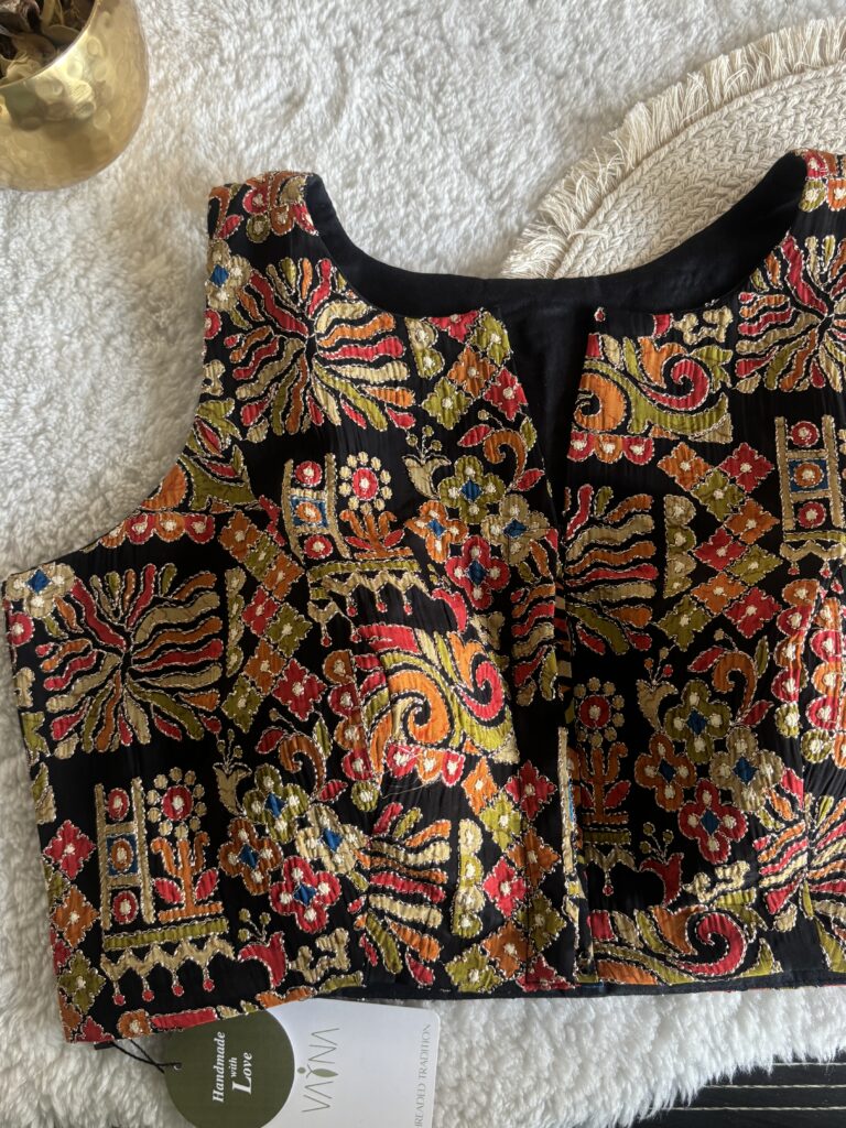 Black designer print halter neck blouse front
