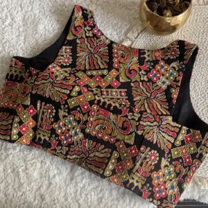 Black designer print halter neck blouse back