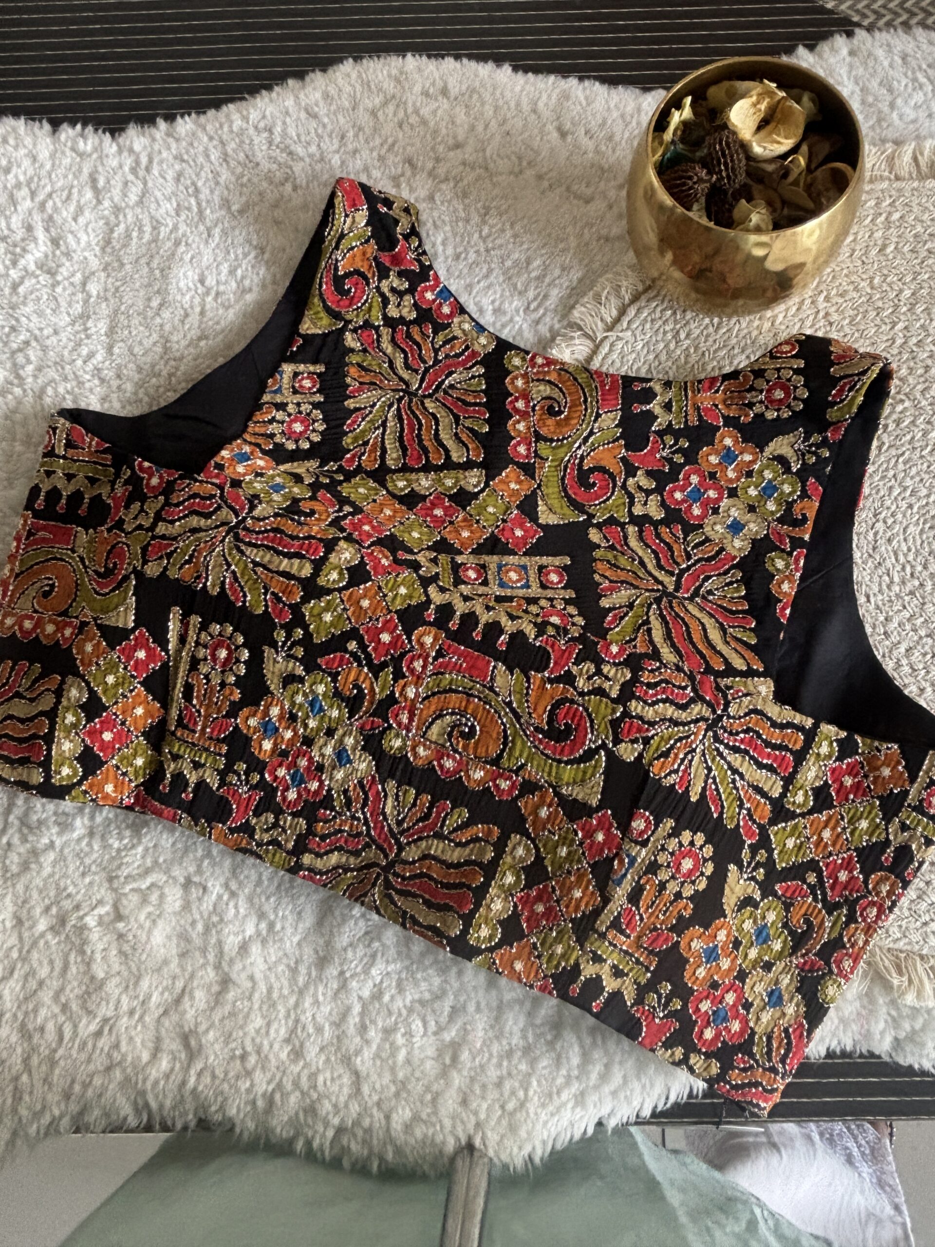 Black designer print halter neck blouse back