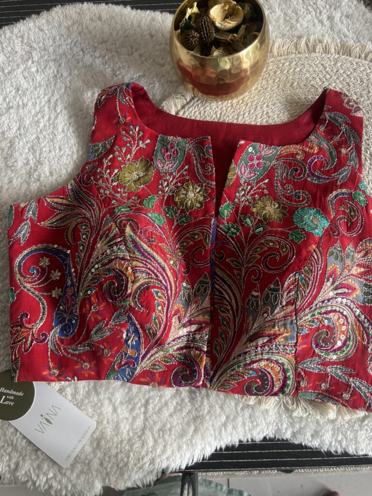 Red designer print halter neck blouse