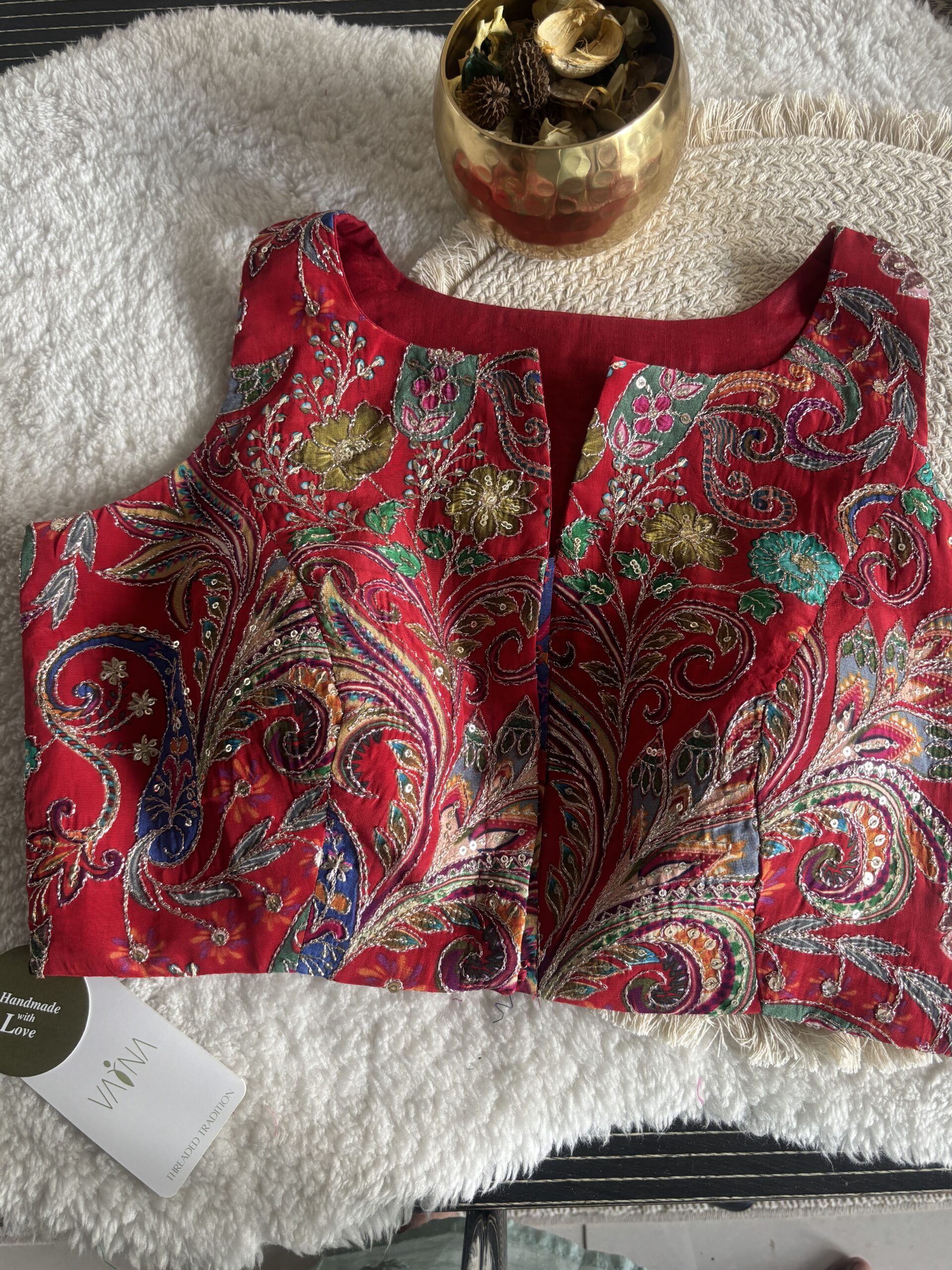 Red designer print halter neck blouse