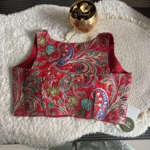 Red designer print halter neck blouse back