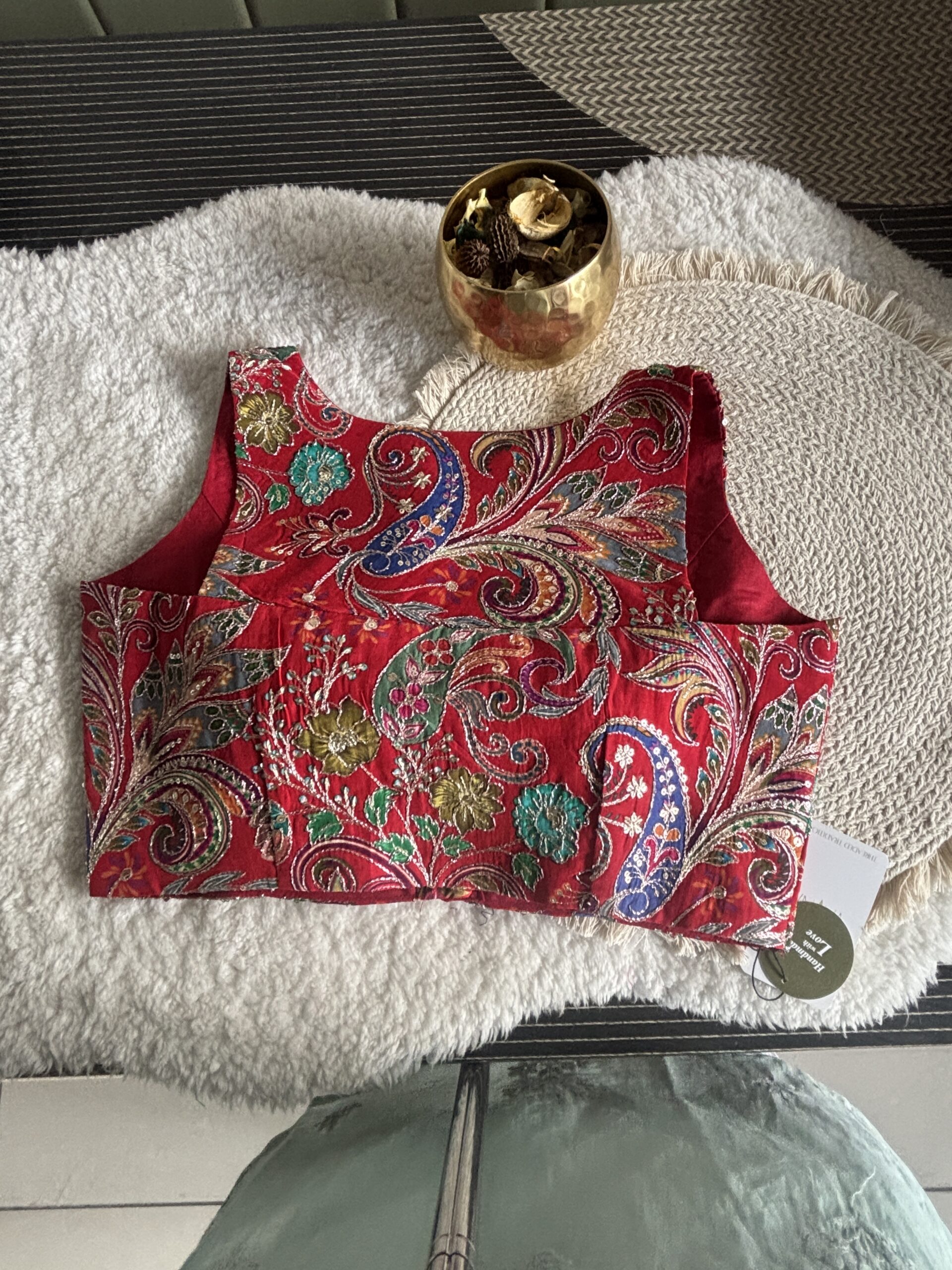 Red designer print halter neck blouse back